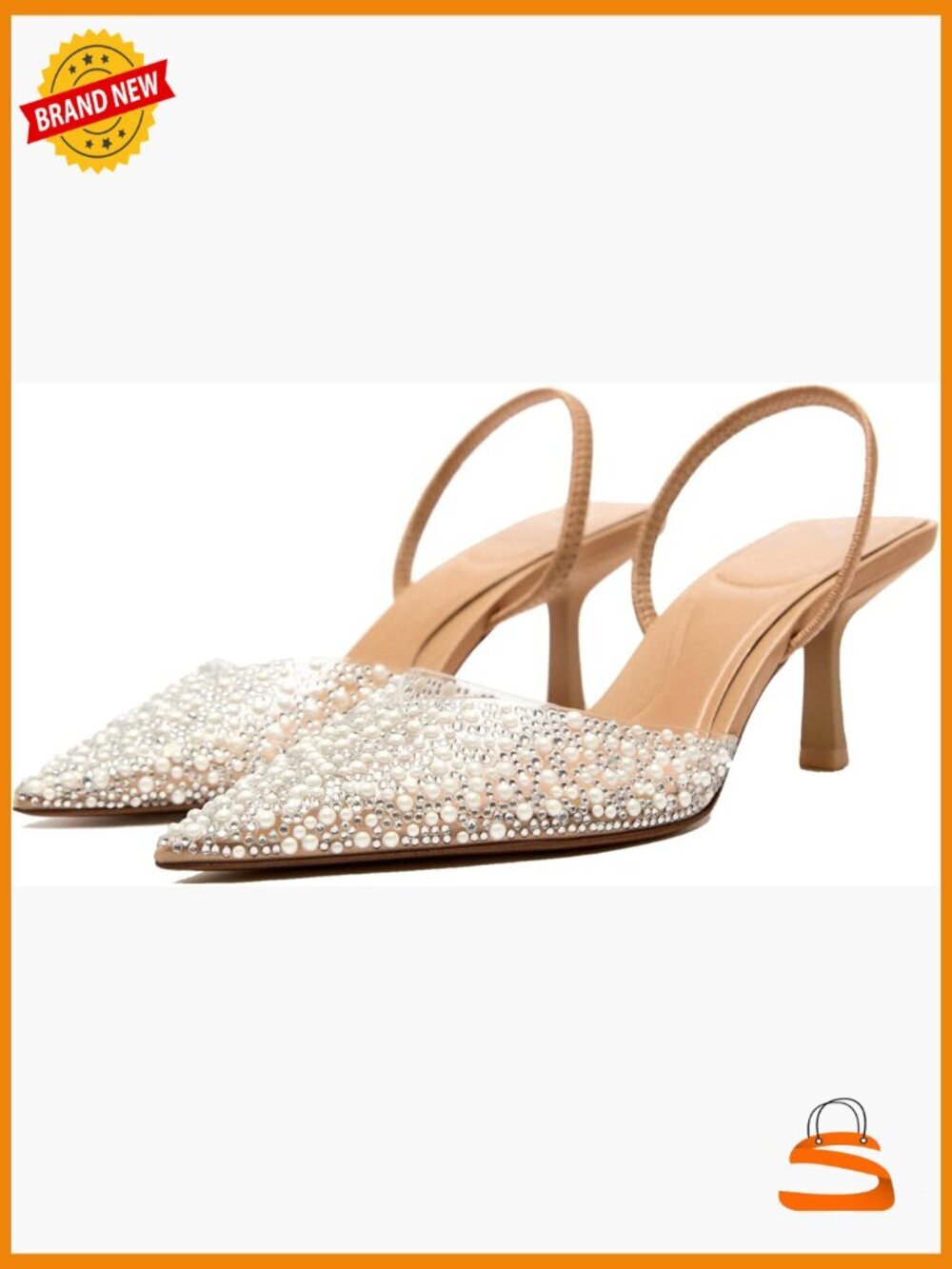 Clear Slingback Heels with Pearl & Rhinestone Detail, Pointed Toe Kitten Heels,